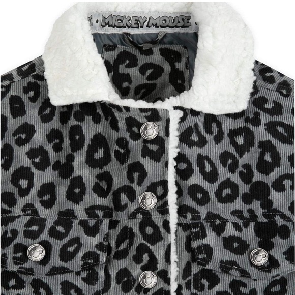 DISNEY Mickey Mouse leopard print grey black Sherpa shacket jacket crop coat S - Picture 6 of 17